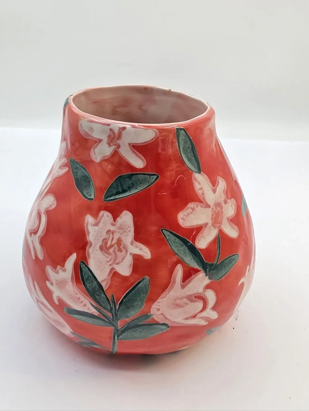 Anthropologie Leah Reena Goren Orange Floral Ceramic Vase Hand Painted Style